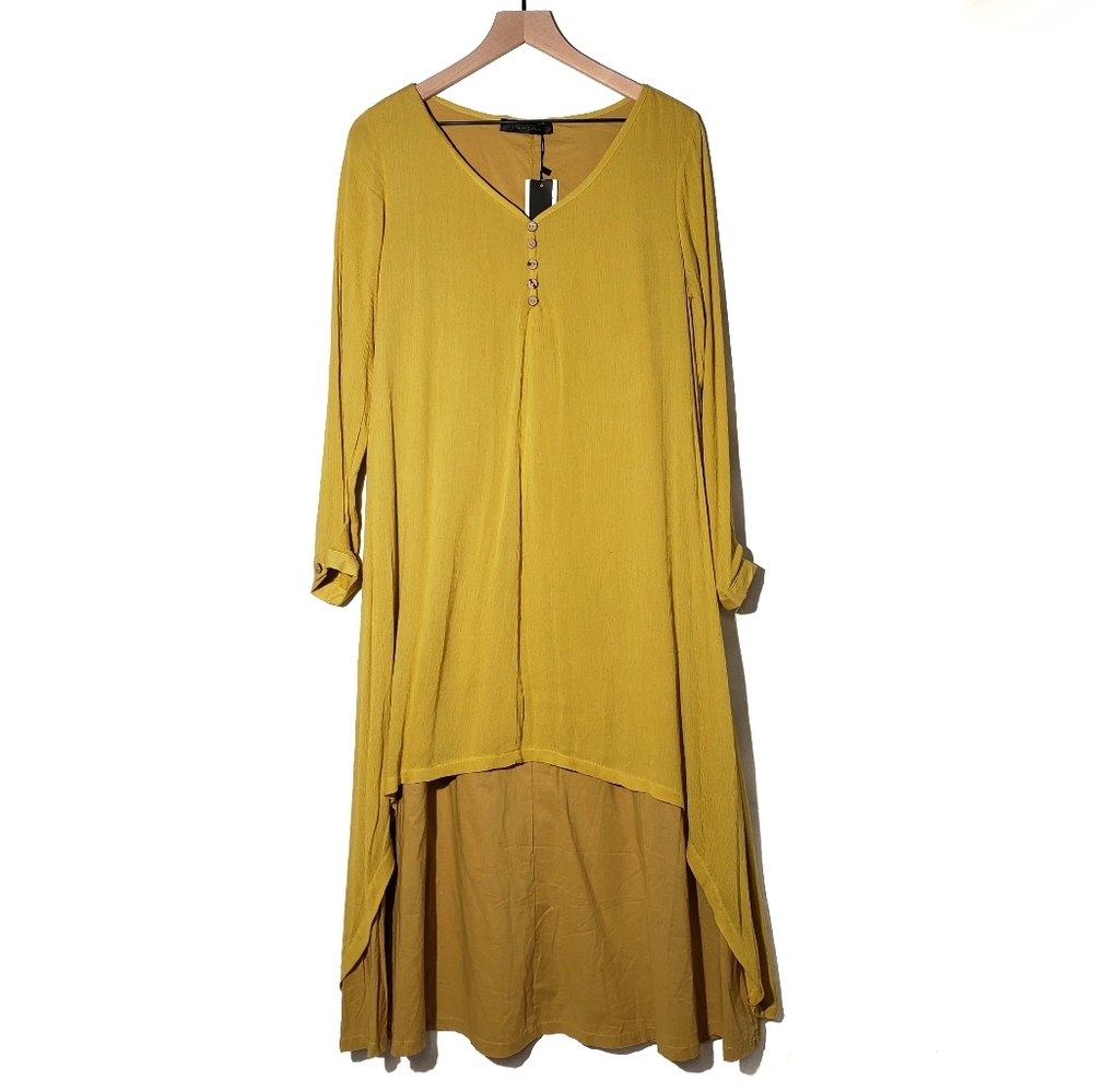 NEW Zanzea Layered Mustard Yellow Midi Dress S Boho Lagenlook V-Neck NWT